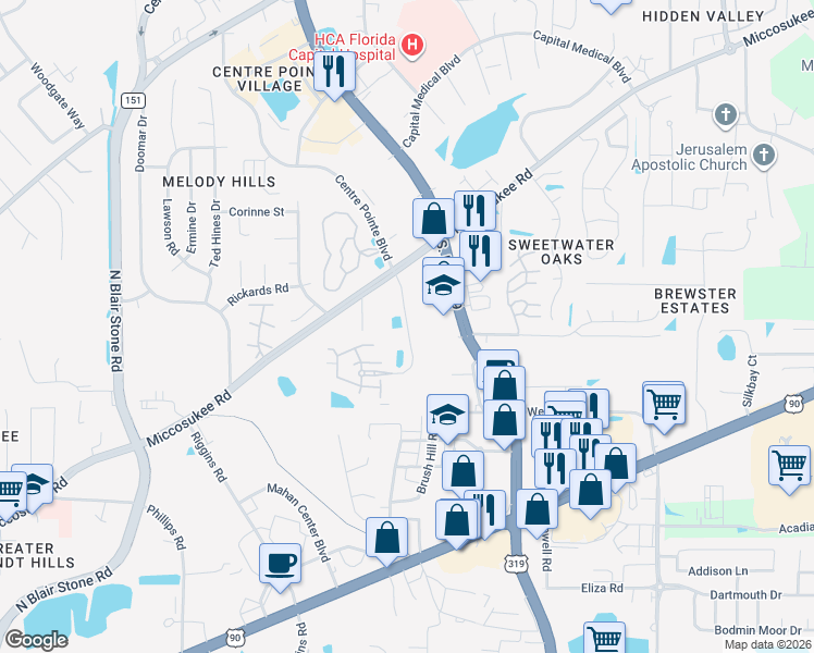 map of restaurants, bars, coffee shops, grocery stores, and more near Miccosukee Commons Drive in Tallahassee