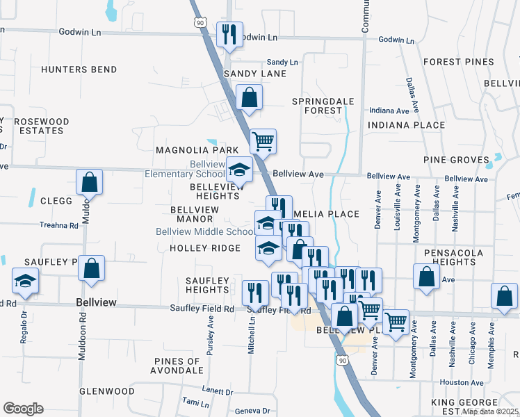 map of restaurants, bars, coffee shops, grocery stores, and more near 3409 Maywood Avenue in Pensacola