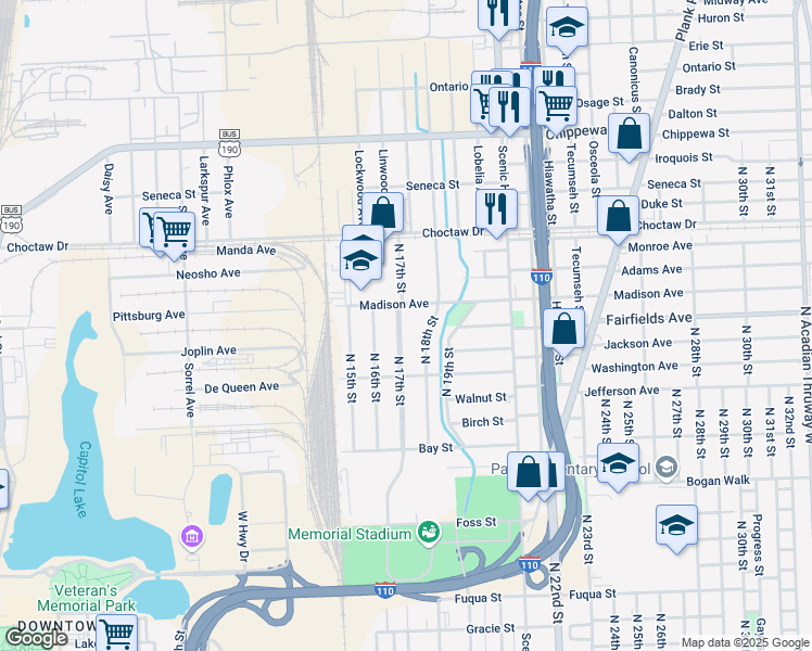 map of restaurants, bars, coffee shops, grocery stores, and more near 2105 North 18th Street in Baton Rouge
