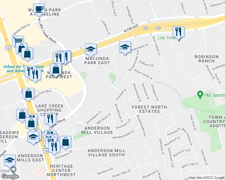 map of restaurants, bars, coffee shops, grocery stores, and more near 13305 Lyndhurst Street in Austin