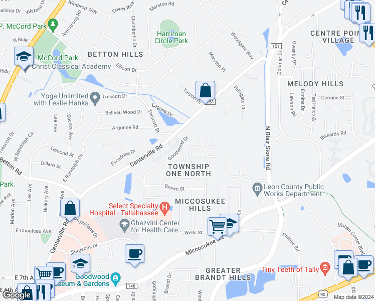 map of restaurants, bars, coffee shops, grocery stores, and more near 1623 Coombs Drive in Tallahassee