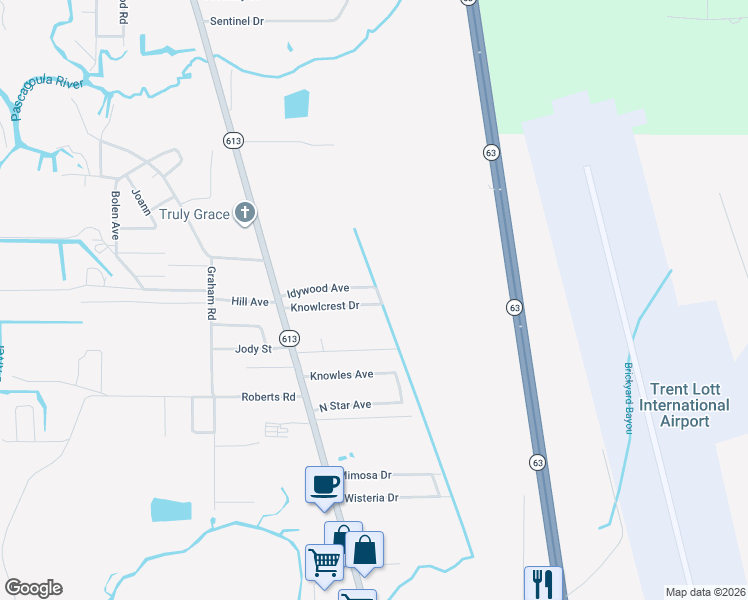 map of restaurants, bars, coffee shops, grocery stores, and more near 4317 Knowlcrest Drive in Moss Point