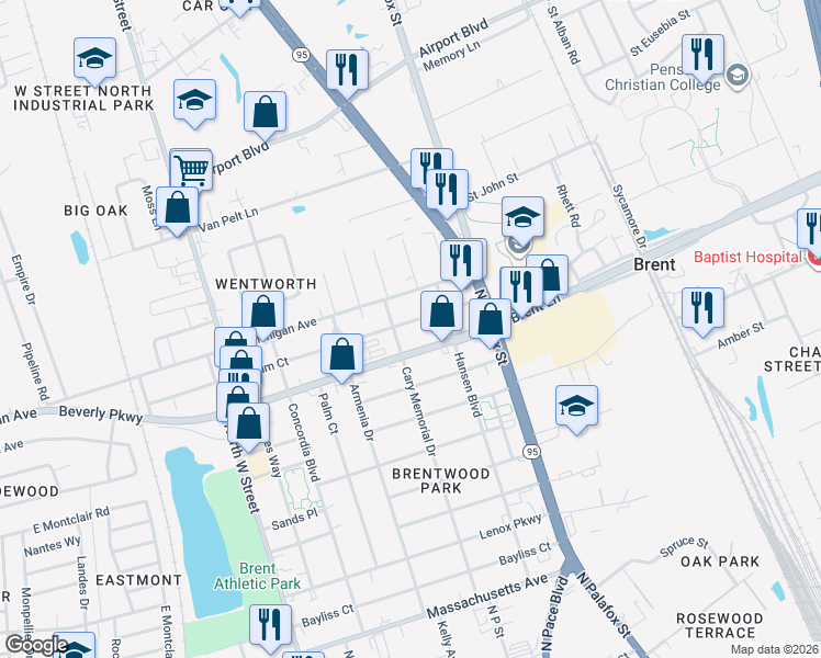 map of restaurants, bars, coffee shops, grocery stores, and more near 121 Yoakum Court in Pensacola