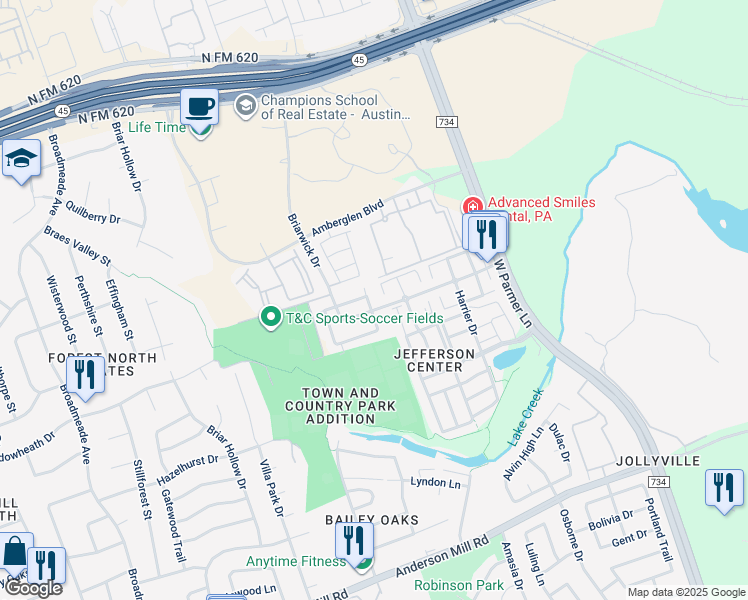 map of restaurants, bars, coffee shops, grocery stores, and more near 1401 Briarwick Drive in Austin
