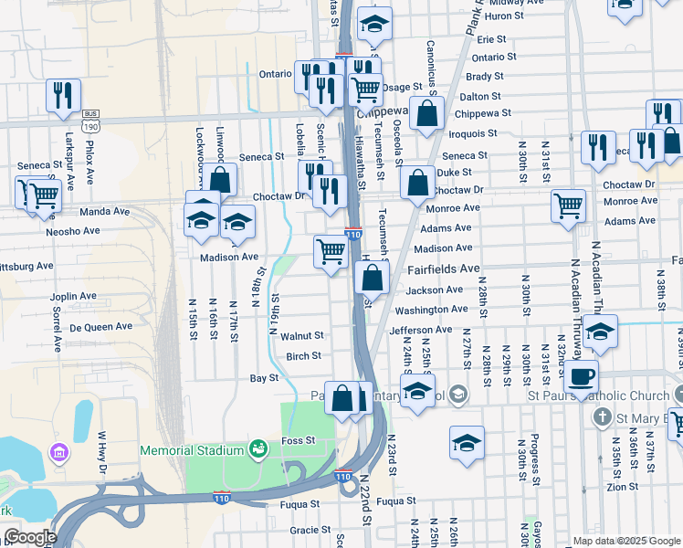 map of restaurants, bars, coffee shops, grocery stores, and more near 2105 Pocahontas Street in Baton Rouge
