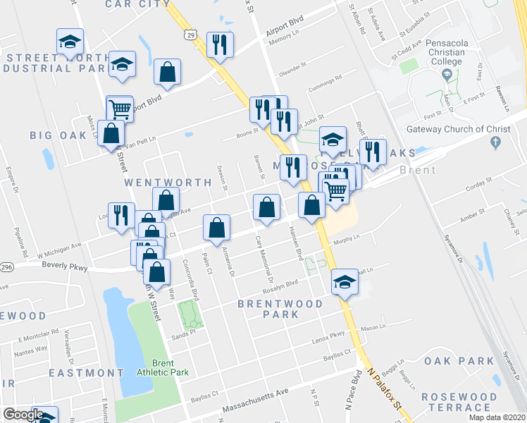 map of restaurants, bars, coffee shops, grocery stores, and more near 115 Yoakum Court in Pensacola