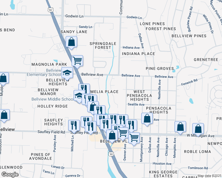 map of restaurants, bars, coffee shops, grocery stores, and more near 6264 Tributary Street in Bellview