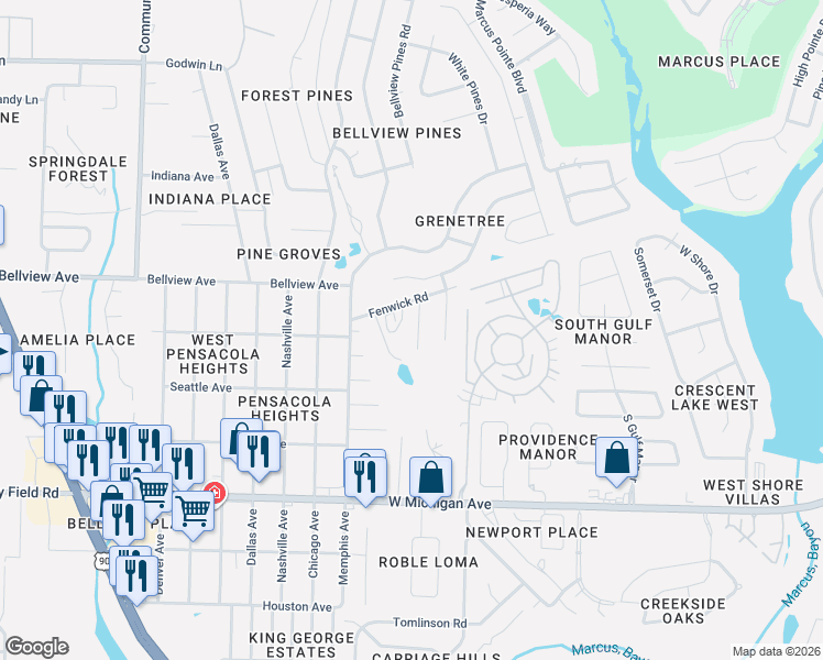map of restaurants, bars, coffee shops, grocery stores, and more near 6253 Sondu Avenue in Pensacola