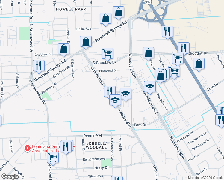 map of restaurants, bars, coffee shops, grocery stores, and more near 2080 North Lobdell Boulevard in Baton Rouge