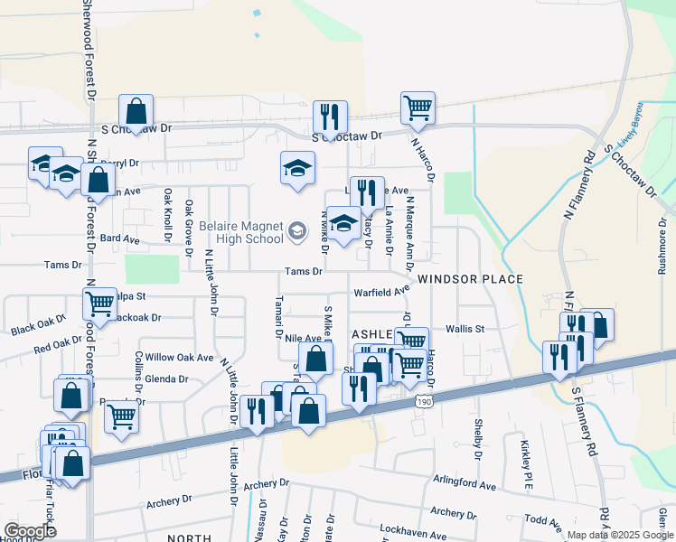 map of restaurants, bars, coffee shops, grocery stores, and more near 12255 Tams Drive in Baton Rouge