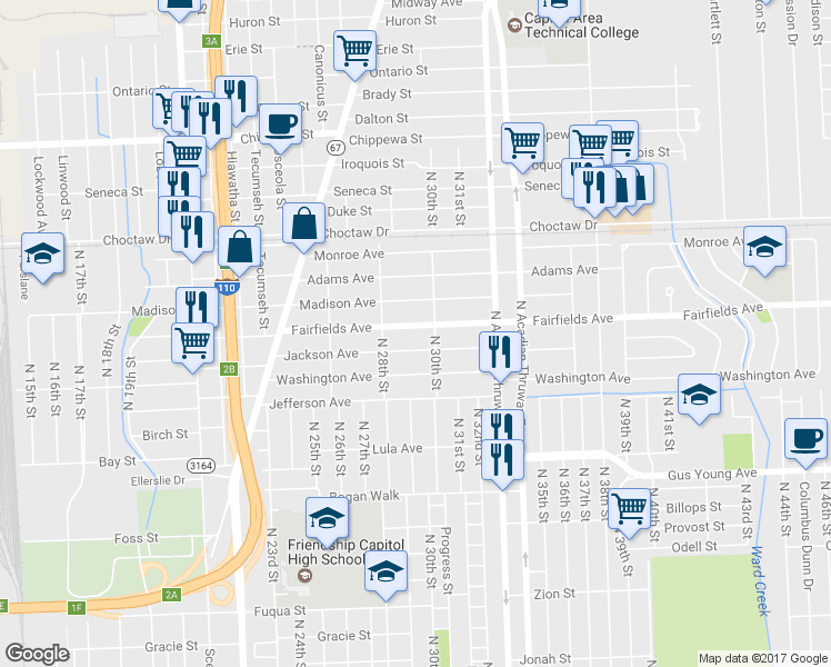 map of restaurants, bars, coffee shops, grocery stores, and more near 2930 Fairfields Avenue in Baton Rouge