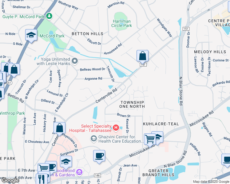 map of restaurants, bars, coffee shops, grocery stores, and more near 1625 Centerville Road in Tallahassee