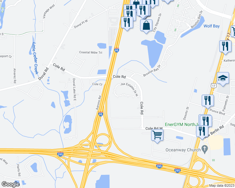 map of restaurants, bars, coffee shops, grocery stores, and more near 439 Jax Estates Drive South in Jacksonville