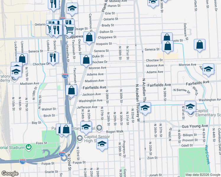 map of restaurants, bars, coffee shops, grocery stores, and more near 2930 Fairfields Avenue in Baton Rouge