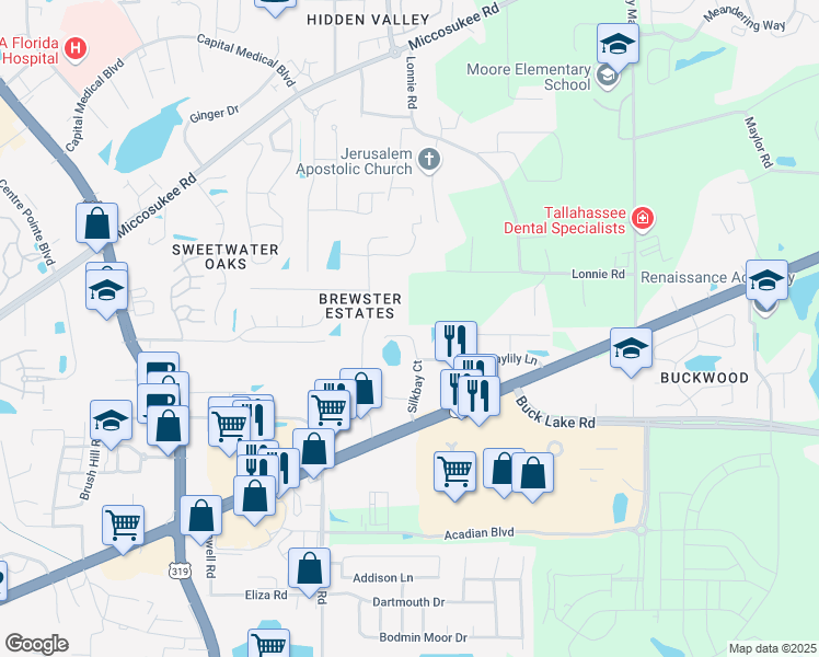 map of restaurants, bars, coffee shops, grocery stores, and more near 4151 Silkbay Court in Tallahassee