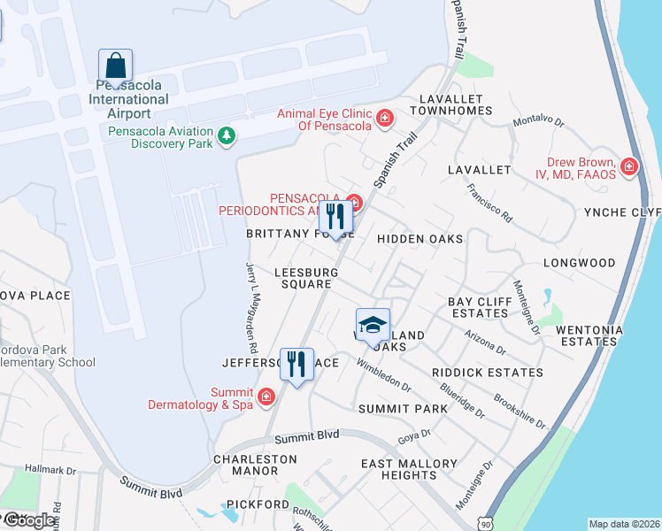 map of restaurants, bars, coffee shops, grocery stores, and more near 3140 Leesburg Square in Pensacola
