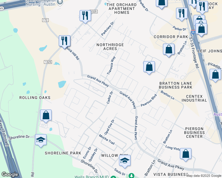 map of restaurants, bars, coffee shops, grocery stores, and more near 15928 Cadoz Drive in Austin