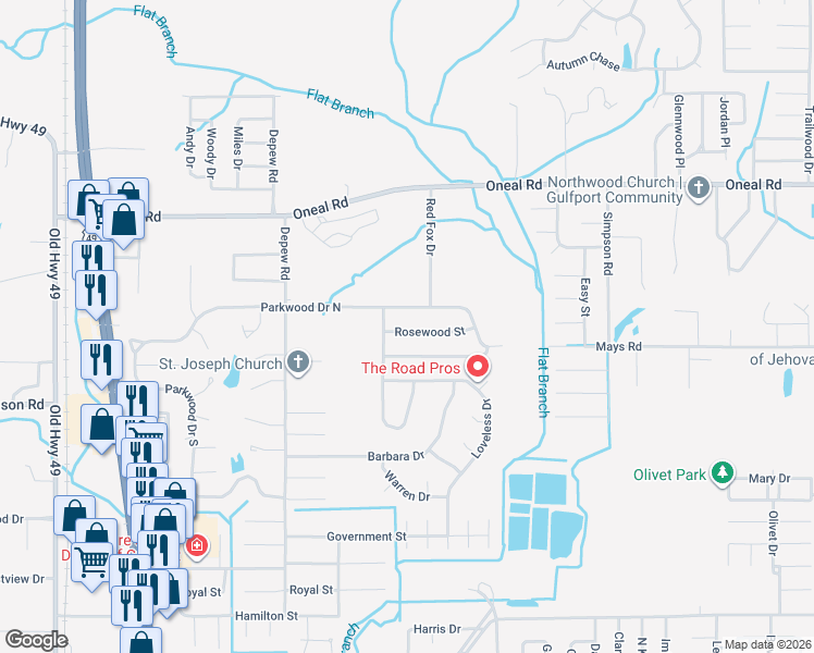 map of restaurants, bars, coffee shops, grocery stores, and more near 15091 Rosewood St in Gulfport