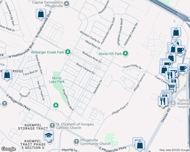 map of restaurants, bars, coffee shops, grocery stores, and more near 18417 Mammoth Cave Boulevard in Pflugerville