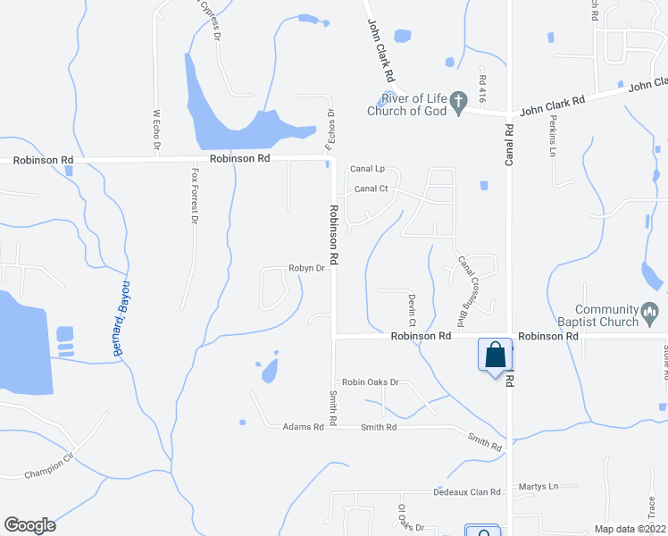 map of restaurants, bars, coffee shops, grocery stores, and more near 18402 Robinson Road in Gulfport