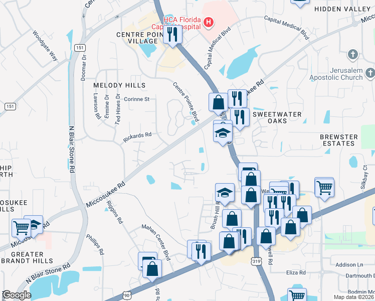 map of restaurants, bars, coffee shops, grocery stores, and more near 1806 Ashley Hall Way in Tallahassee
