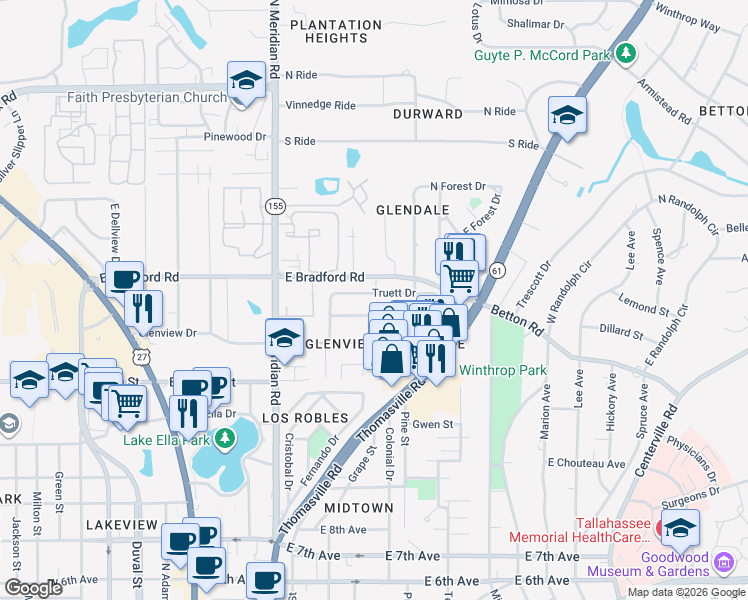 map of restaurants, bars, coffee shops, grocery stores, and more near 526 Collins Drive in Tallahassee