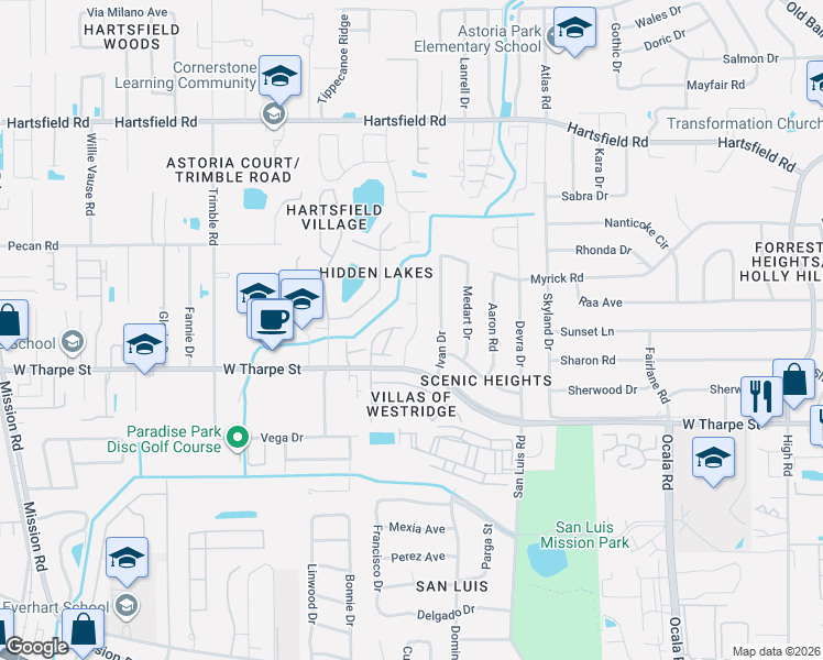 map of restaurants, bars, coffee shops, grocery stores, and more near 1816 Meriadoc Road in Tallahassee