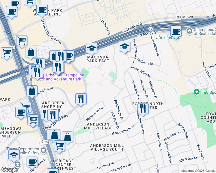 map of restaurants, bars, coffee shops, grocery stores, and more near 13200 Saxby Court in Austin