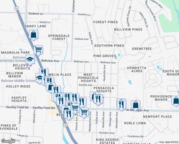 map of restaurants, bars, coffee shops, grocery stores, and more near 6301 Montgomery Avenue in Pensacola