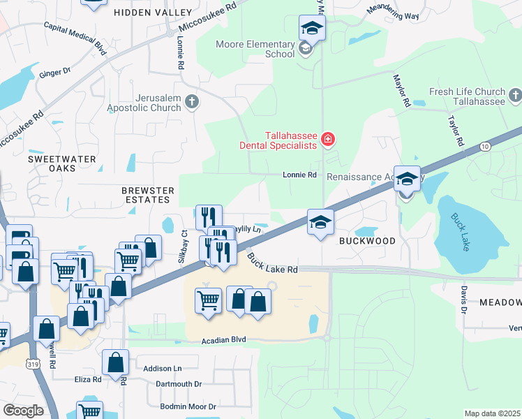 map of restaurants, bars, coffee shops, grocery stores, and more near 3570 Chatelaine Drive in Tallahassee