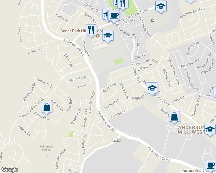 map of restaurants, bars, coffee shops, grocery stores, and more near 2205 Old Mill Road in Cedar Park