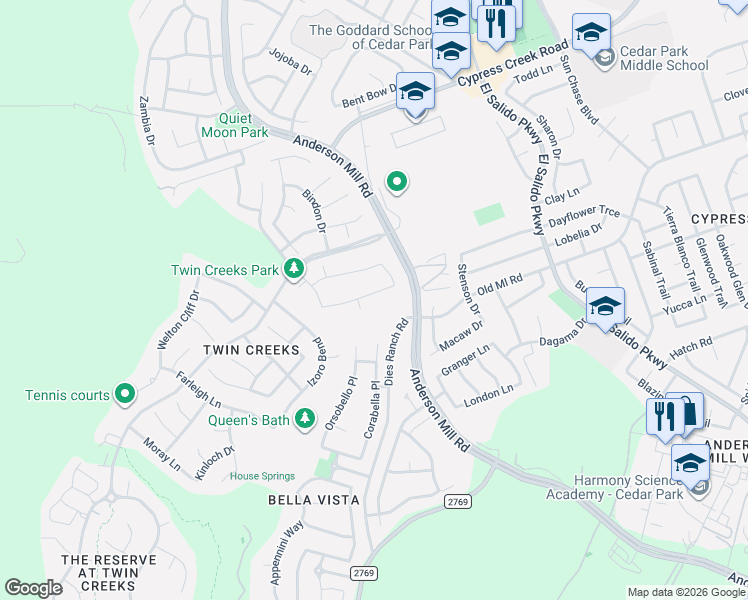 map of restaurants, bars, coffee shops, grocery stores, and more near 2500 Guara Drive in Cedar Park