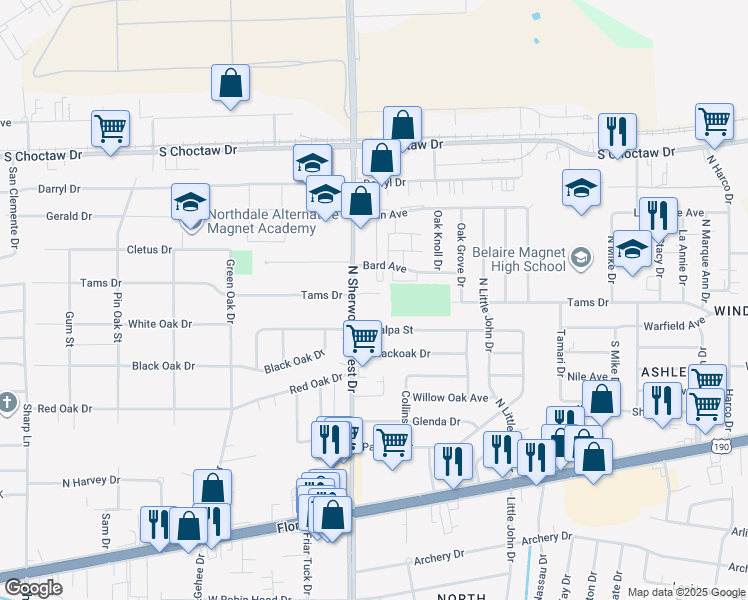 map of restaurants, bars, coffee shops, grocery stores, and more near 1998 North Sherwood Forest Drive in Baton Rouge