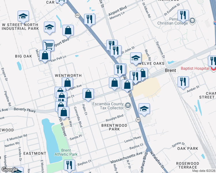 map of restaurants, bars, coffee shops, grocery stores, and more near 115 Yoakum Court in Pensacola