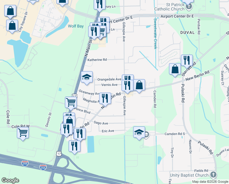 map of restaurants, bars, coffee shops, grocery stores, and more near 520 New Berlin Road in Jacksonville