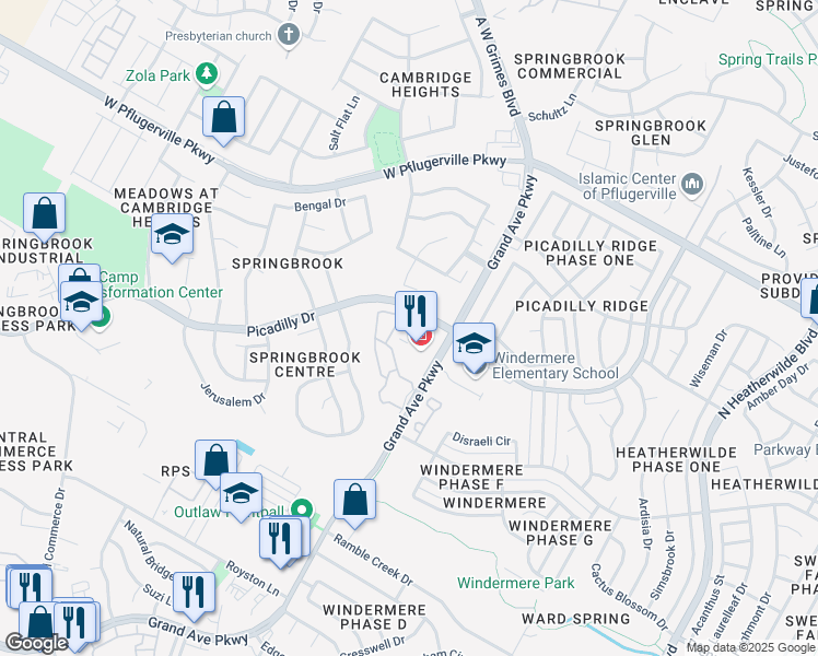 map of restaurants, bars, coffee shops, grocery stores, and more near 1317 Picadilly Drive in Pflugerville