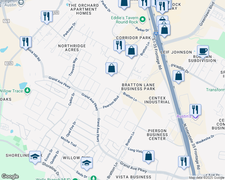 map of restaurants, bars, coffee shops, grocery stores, and more near 3137 Lions Tail Street in Austin