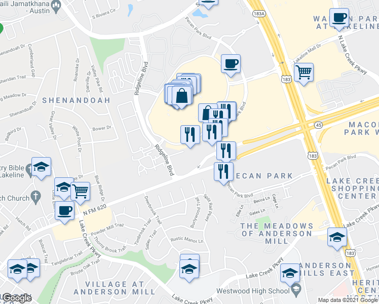 map of restaurants, bars, coffee shops, grocery stores, and more near 12617 Ridgeline Boulevard in Austin
