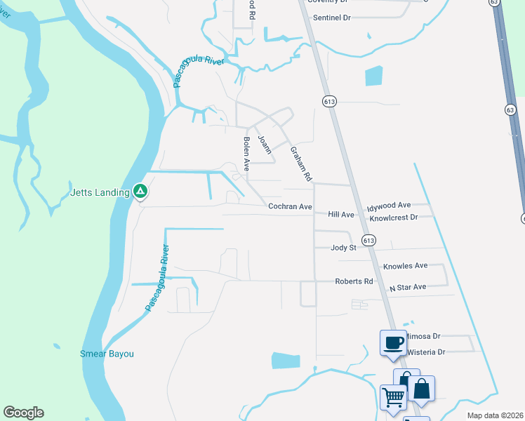 map of restaurants, bars, coffee shops, grocery stores, and more near 3620 Cochran Avenue in Moss Point