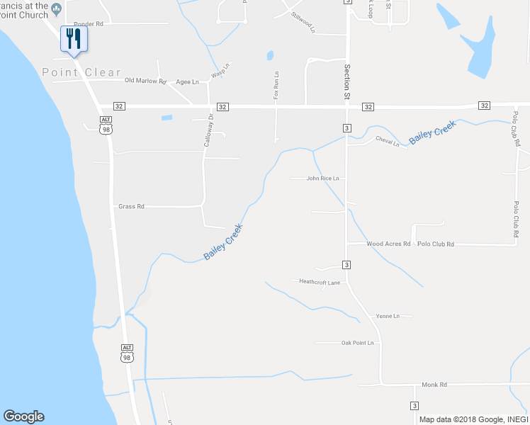 map of restaurants, bars, coffee shops, grocery stores, and more near 6740 Poulsen Lane in Fairhope