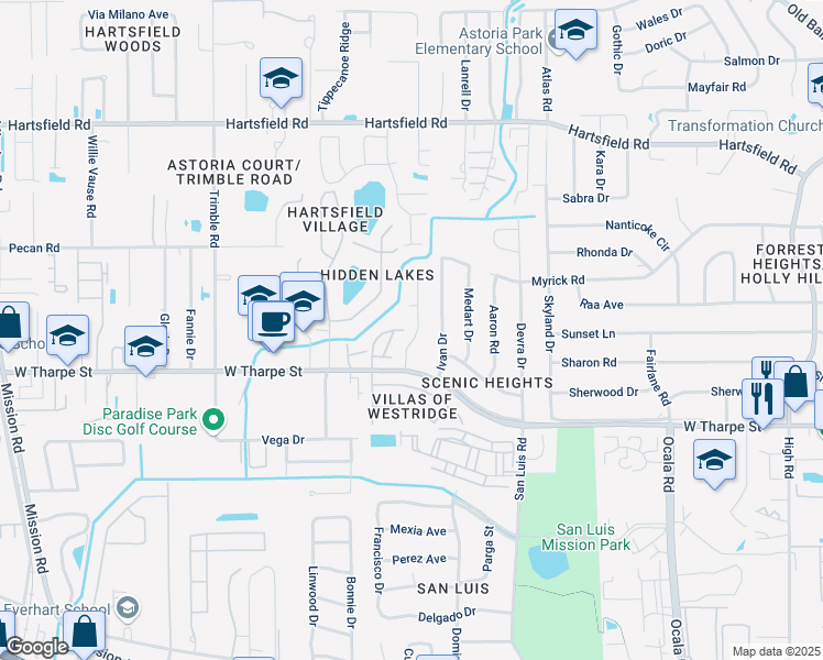 map of restaurants, bars, coffee shops, grocery stores, and more near 1824 Meriadoc Road in Tallahassee