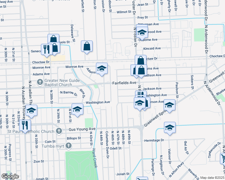map of restaurants, bars, coffee shops, grocery stores, and more near 1949 Harelson Street in Baton Rouge