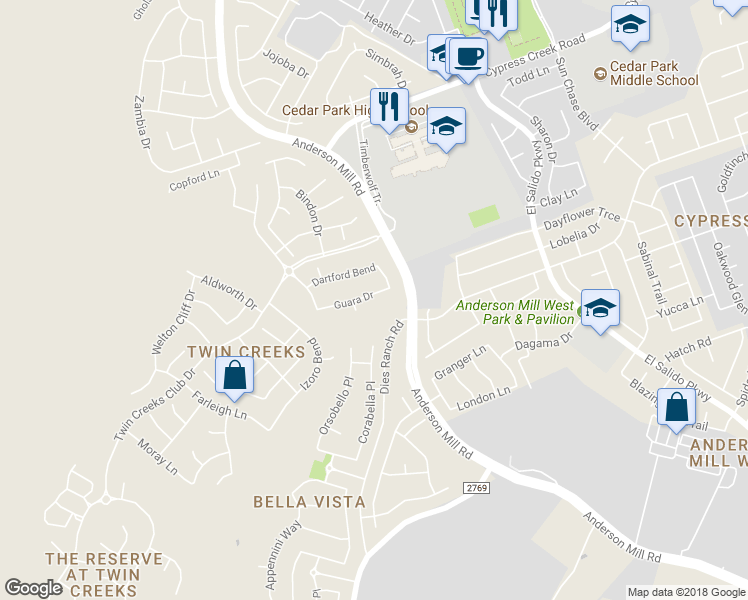 map of restaurants, bars, coffee shops, grocery stores, and more near 2410 Guara Drive in Cedar Park