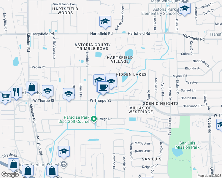 map of restaurants, bars, coffee shops, grocery stores, and more near 2514 West Tharpe Street in Tallahassee
