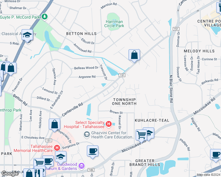map of restaurants, bars, coffee shops, grocery stores, and more near 1582 Goodwood Drive in Tallahassee
