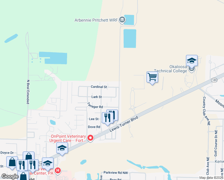 map of restaurants, bars, coffee shops, grocery stores, and more near 829 Lark Street in Fort Walton Beach