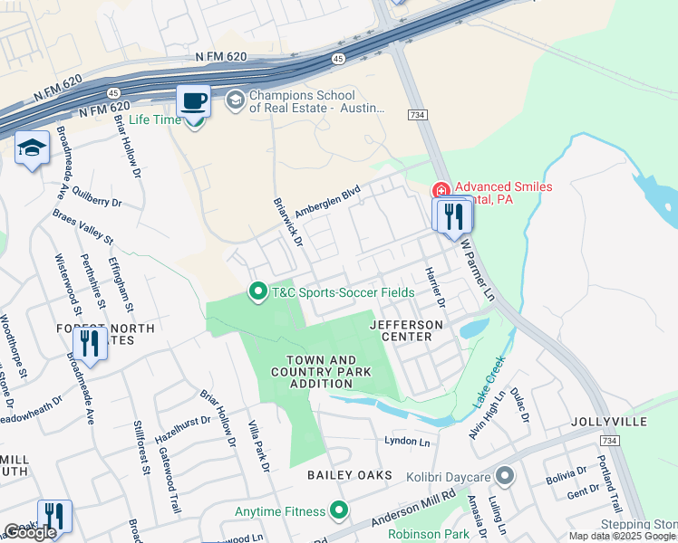 map of restaurants, bars, coffee shops, grocery stores, and more near 1401 Briarwick Drive in Austin