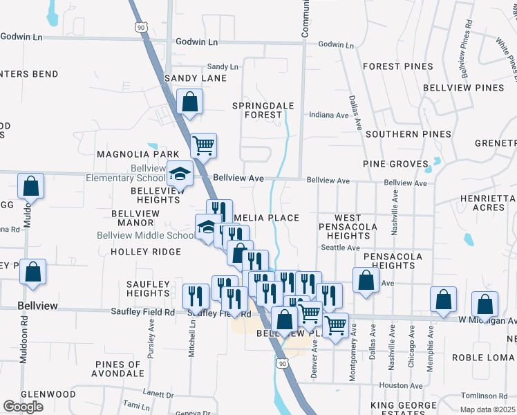 map of restaurants, bars, coffee shops, grocery stores, and more near 6347 Mers Lane in Pensacola