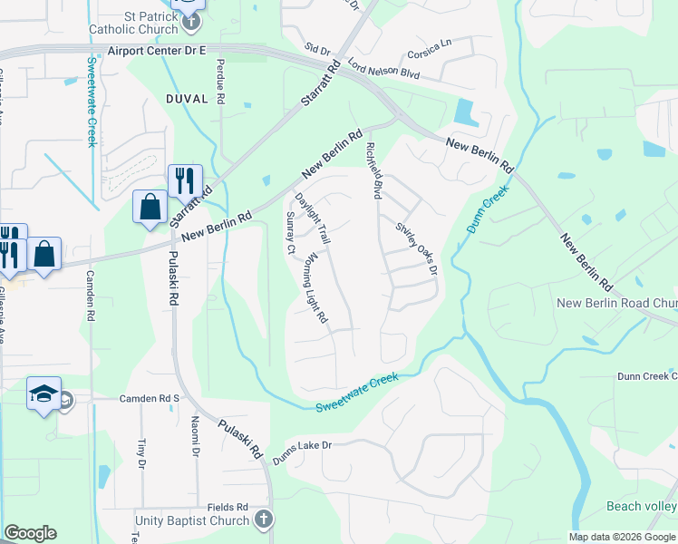 map of restaurants, bars, coffee shops, grocery stores, and more near 12705 Daylight Trail in Jacksonville