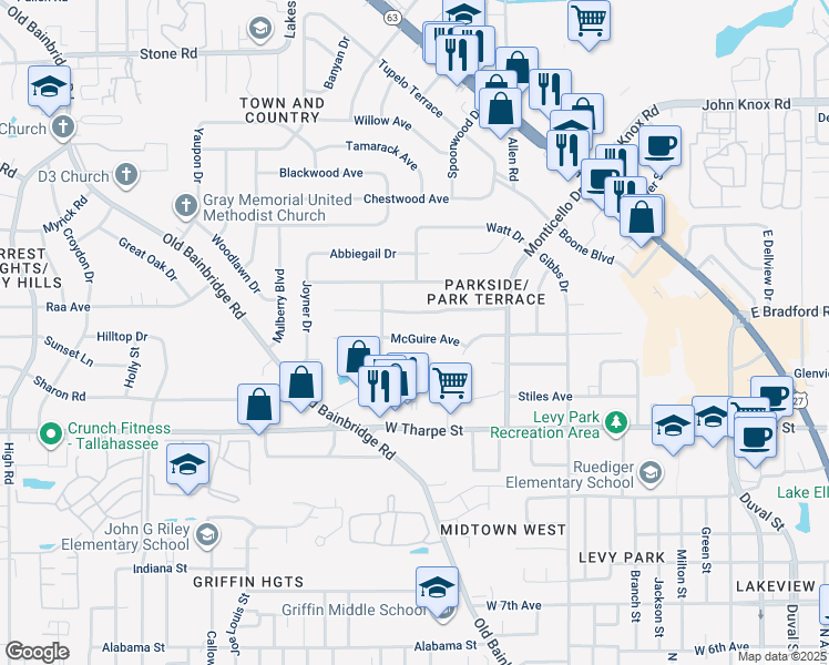 map of restaurants, bars, coffee shops, grocery stores, and more near 828 McGuire Avenue in Tallahassee
